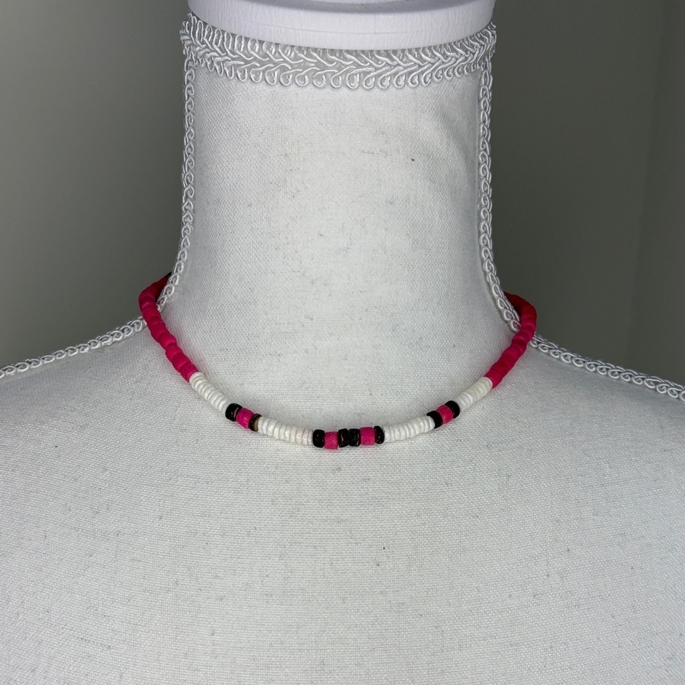 Retro Pink, Brown & White “Surfer Girl” Beaded Necklace